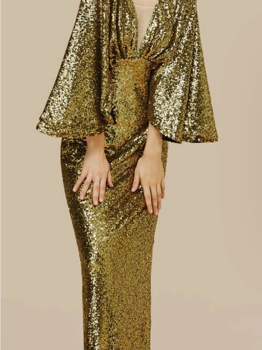 Gold Sequin Cape-Sleeve Prom Dress - Picture 2 of 4